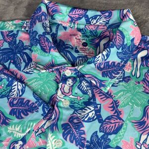 Simply Southern Polo Shirt Mens XL Blue Tropical Hula Girl Palm Tree Performance